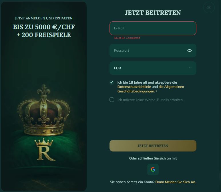 Royalen Registrieren Schritt 1