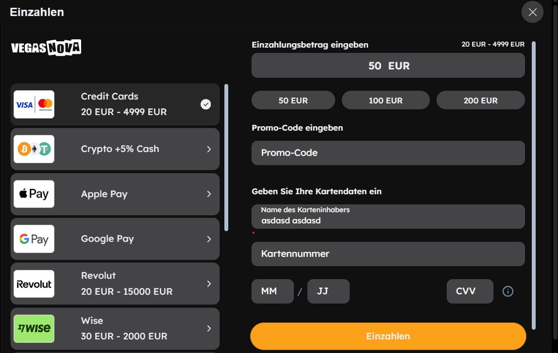 Vegas Nova Einzahlen