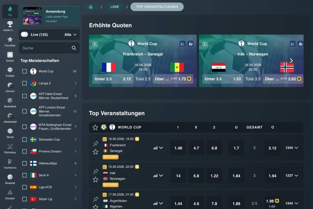 Dashboard Wettplattform Vave
