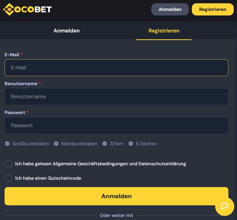 Cocobet Registrieren Schritt 1