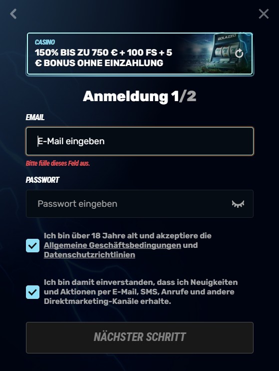 Golazzo Registrieren Schritt 2