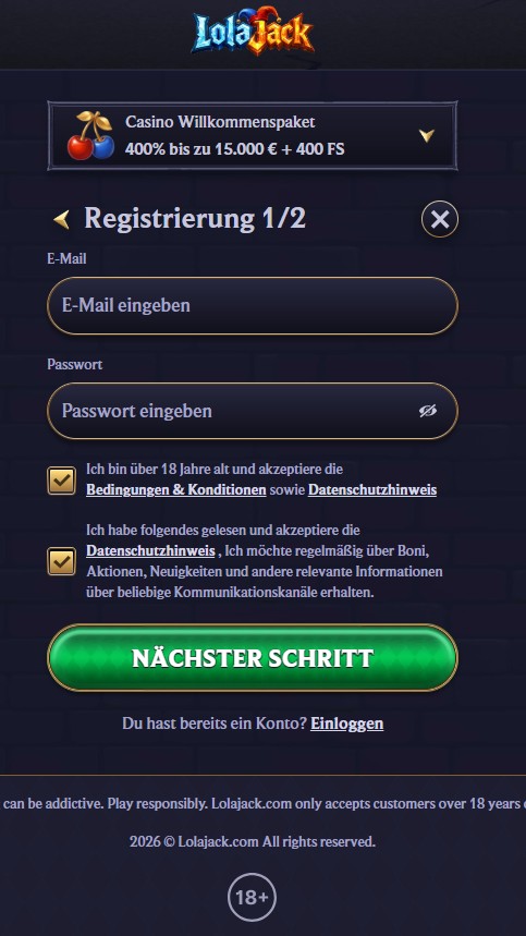 Lolajack Registrieren Schritt 2