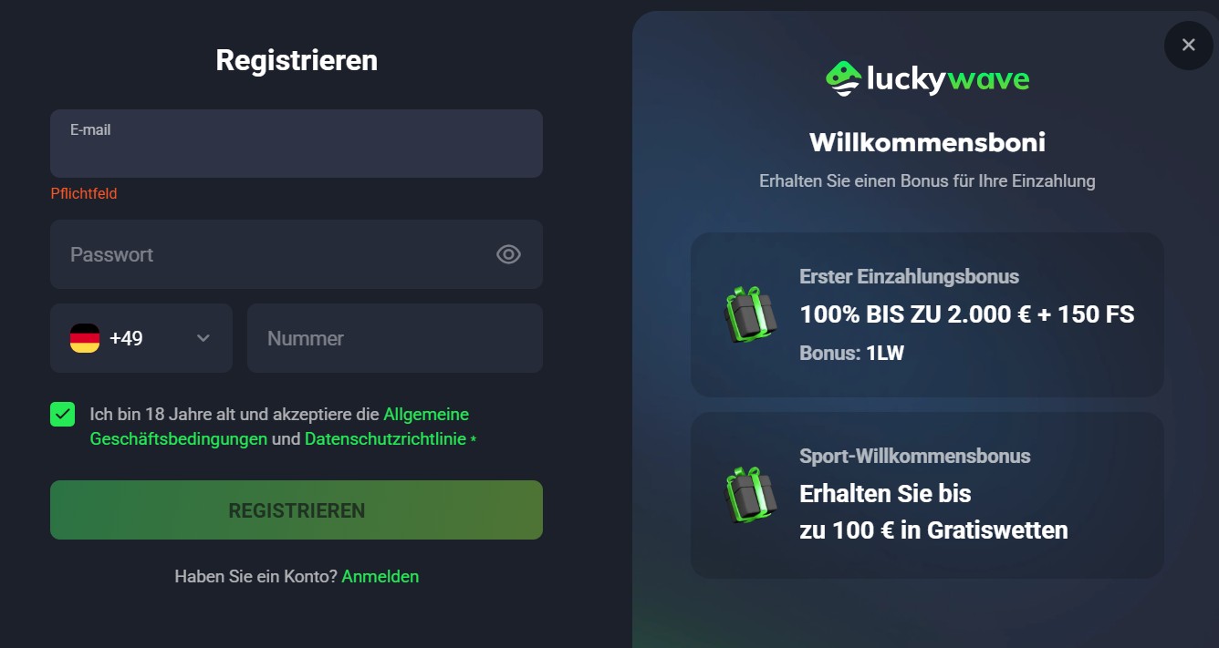 Luckywave Registrieren Schritt 1