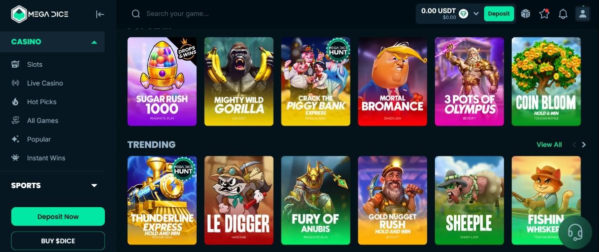 Megadice Spieleauswahl