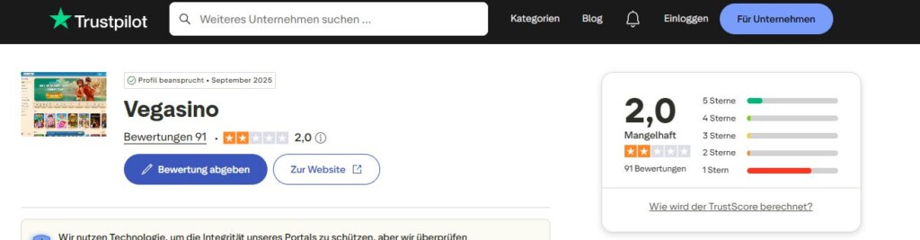 Vegasino Bewertung