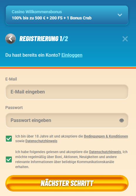 Vegasino Registrieren Schritt 2