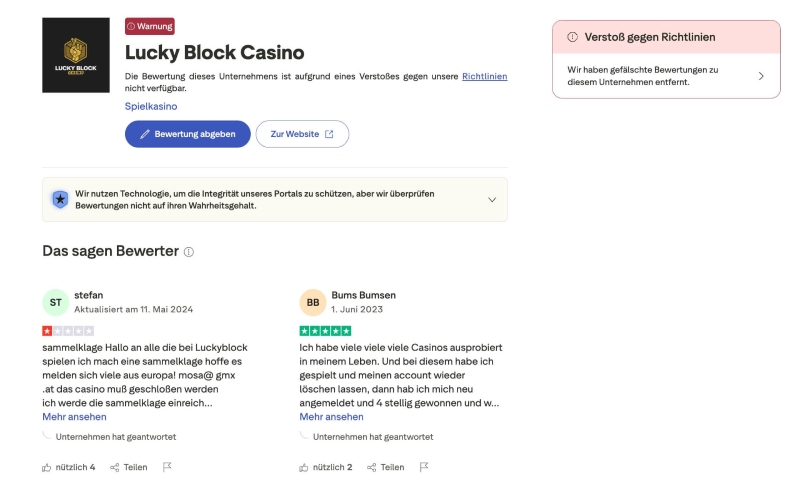 Trustpilot-Bewertungen fuer Lucky Block