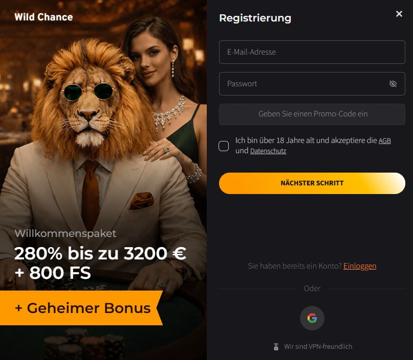 WildChance Registrieren Schritt 1