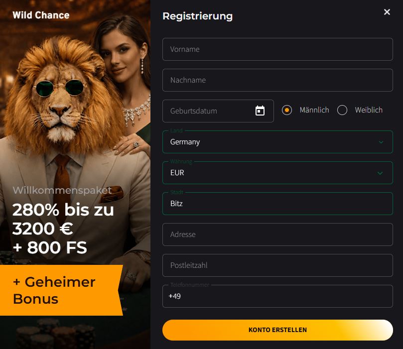 WildChance Registrieren Schritt 2