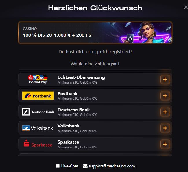 Madcasino Einzahlen