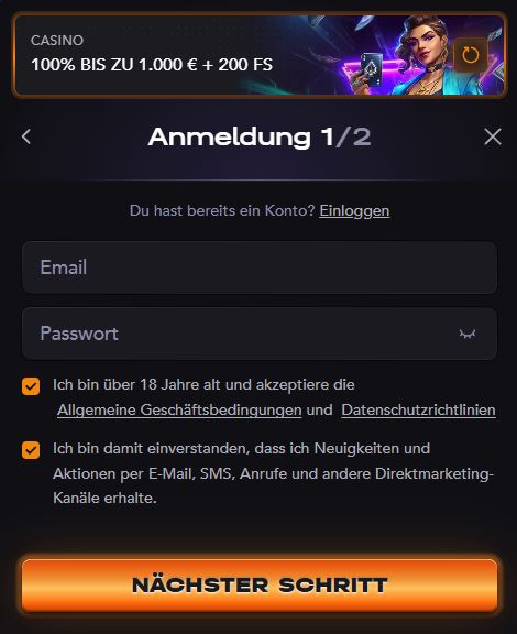 Madcasino Registrieren Schritt 1