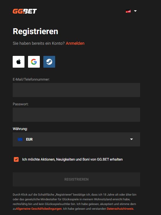 GG.Bet Registrieren Schritt 1