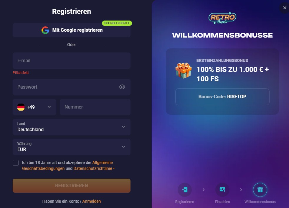 Retrobet Registrieren Schritt 1