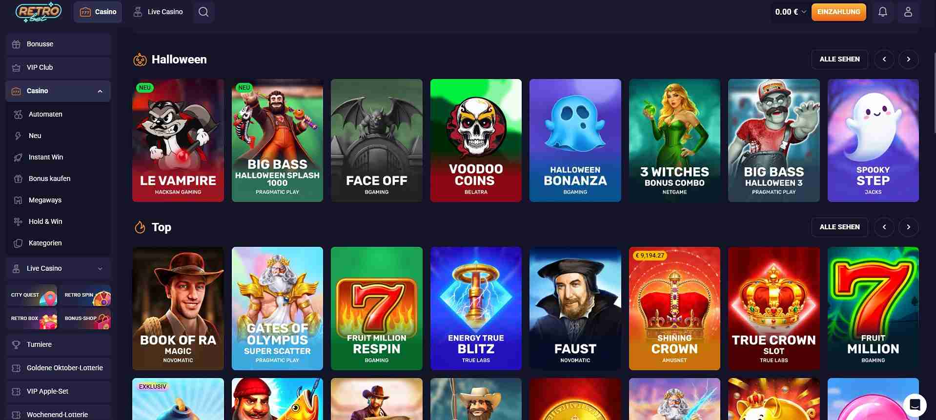 Retrobet Spielauswahl