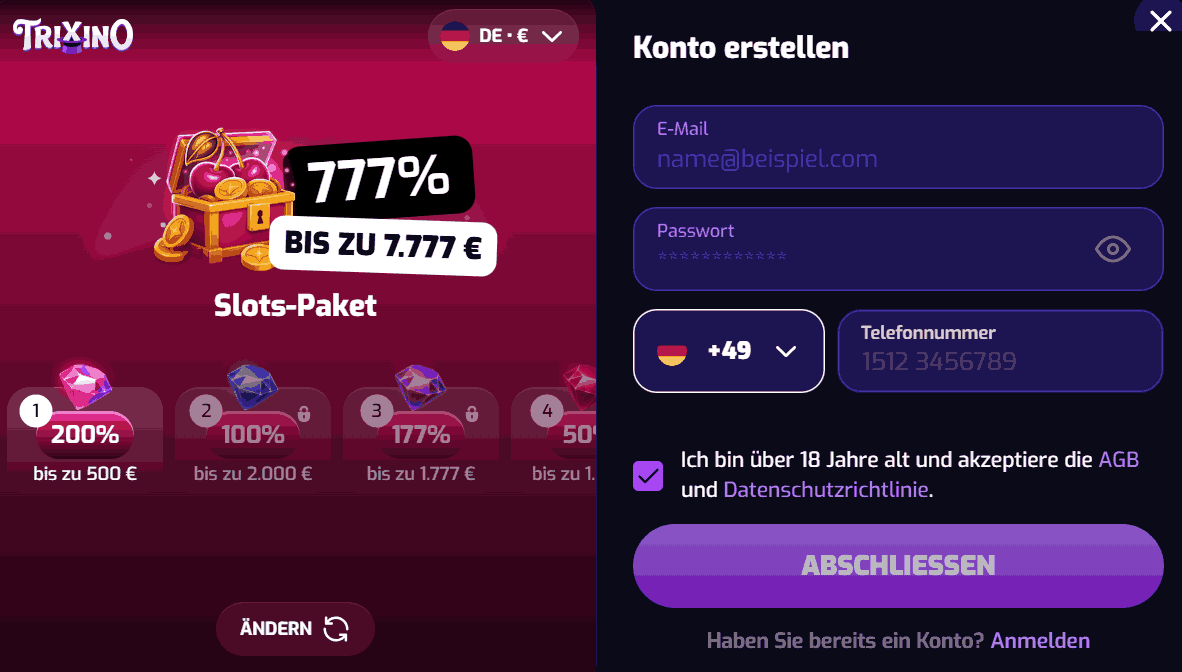 Trixino Registrieren Schritt 1